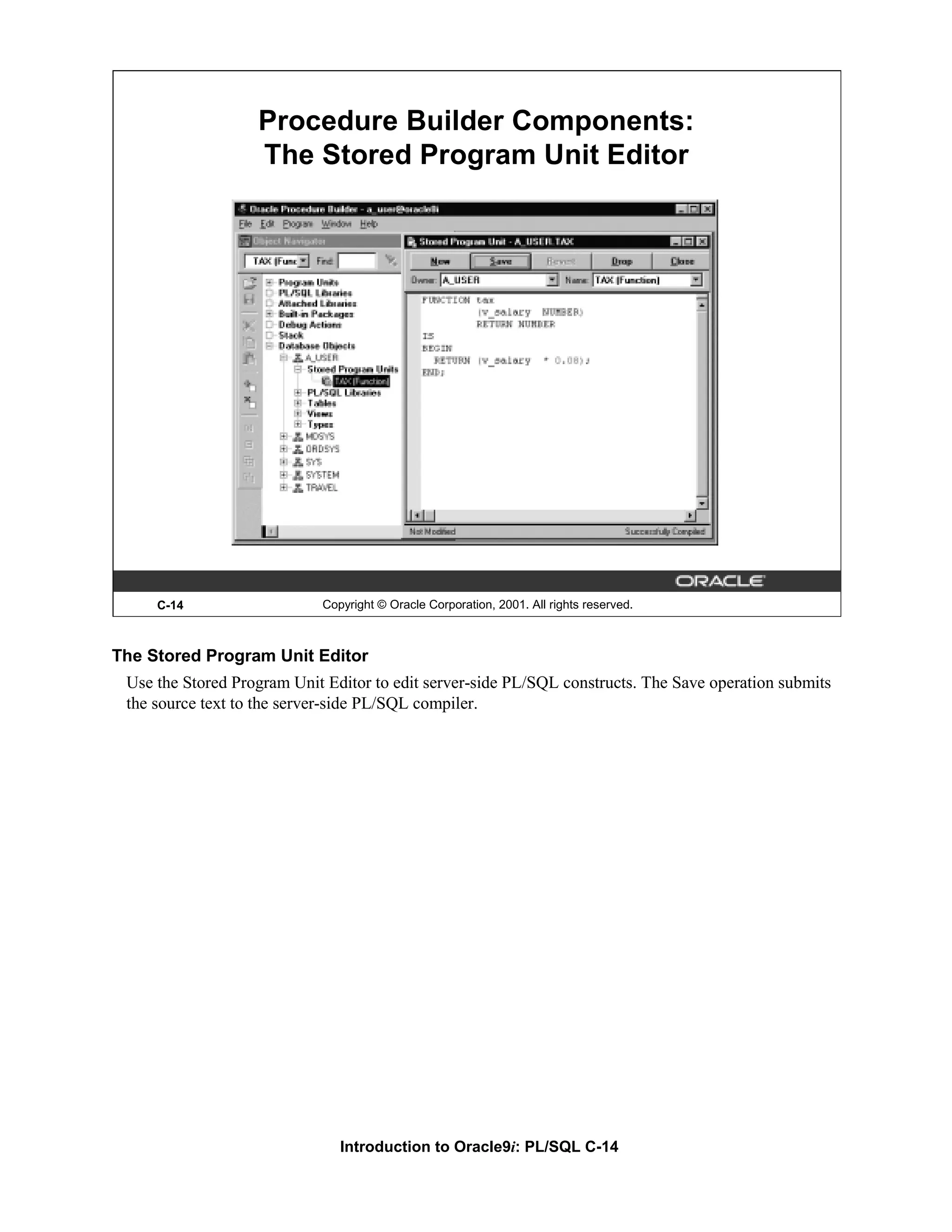 Procedure Builder Components: The Stored Program Unit Editor C-14 Copyright © Oracle Corporation, 2001. All rights reserved. The Stored Program Unit Editor Use the Stored Program Unit Editor to edit server-side PL/SQL constructs. The Save operation submits the source text to the server-side PL/SQL compiler. Introduction to Oracle9i: PL/SQL C-14 