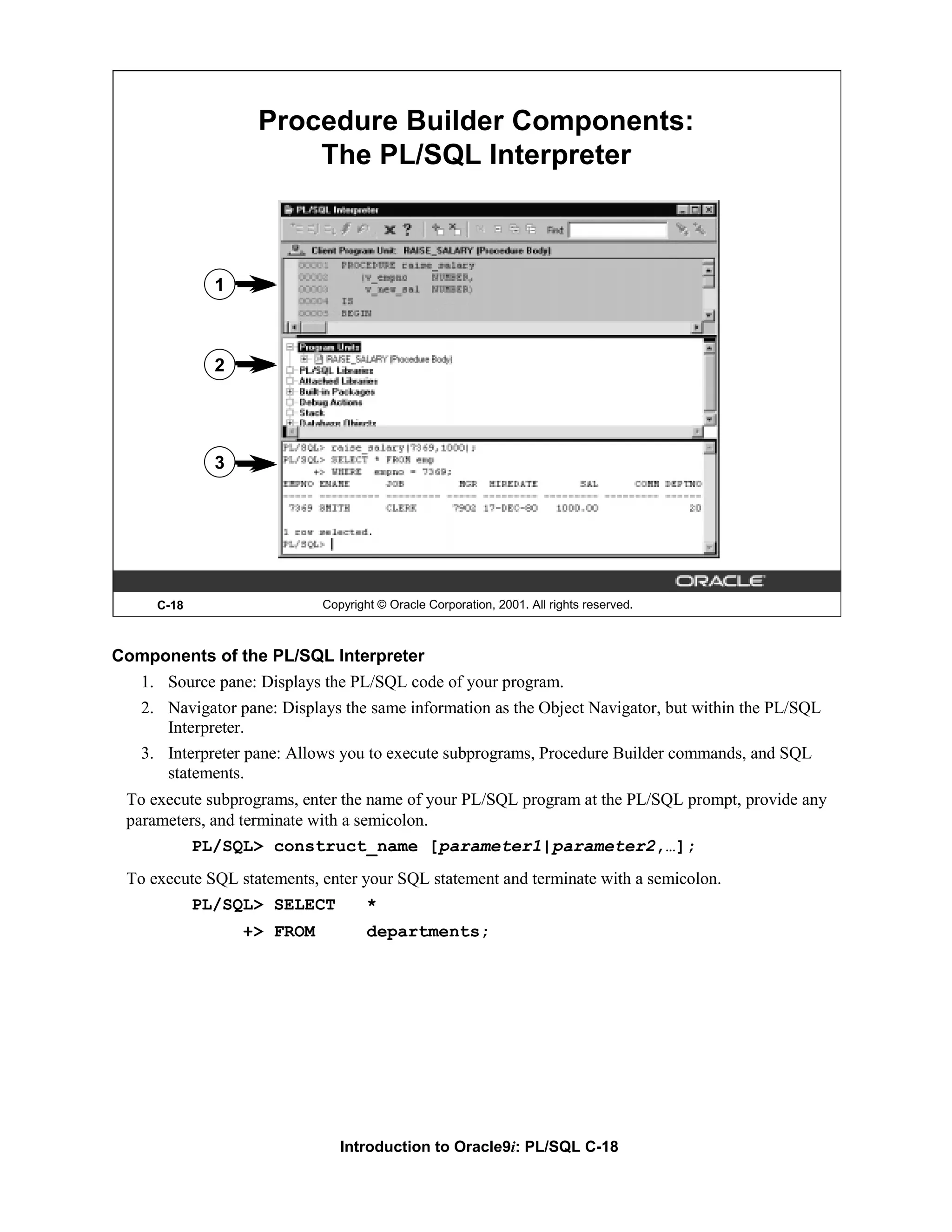 Procedure Builder Components: The PL/SQL Interpreter 1 2 3 C-18 Copyright © Oracle Corporation, 2001. All rights reserved. Components of the PL/SQL Interpreter 1. Source pane: Displays the PL/SQL code of your program. 2. Navigator pane: Displays the same information as the Object Navigator, but within the PL/SQL Interpreter. 3. Interpreter pane: Allows you to execute subprograms, Procedure Builder commands, and SQL statements. To execute subprograms, enter the name of your PL/SQL program at the PL/SQL prompt, provide any parameters, and terminate with a semicolon. PL/SQL> construct_name [parameter1|parameter2,…]; To execute SQL statements, enter your SQL statement and terminate with a semicolon. PL/SQL> SELECT * +> FROM departments; Introduction to Oracle9i: PL/SQL C-18 