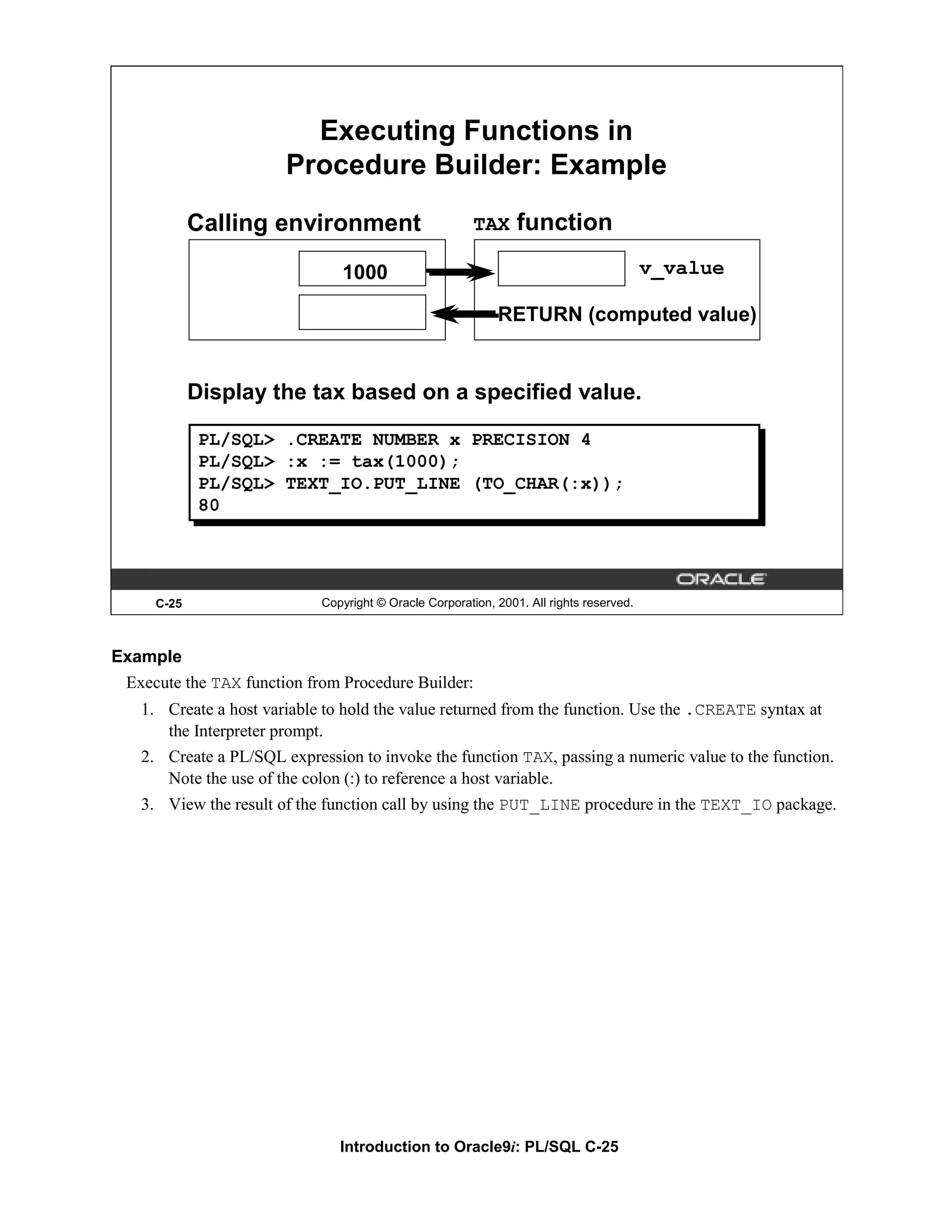 Executing Functions in Procedure Builder: Example Calling environment TAX function 1000 v_value RETURN (computed value) Display the tax based on a specified value. PL/SQL> .CREATE NUMBER x PRECISION 4 PL/SQL> :x := tax(1000); PL/SQL> TEXT_IO.PUT_LINE (TO_CHAR(:x)); 80 C-25 Copyright © Oracle Corporation, 2001. All rights reserved. Example Execute the TAX function from Procedure Builder: 1. Create a host variable to hold the value returned from the function. Use the .CREATE syntax at the Interpreter prompt. 2. Create a PL/SQL expression to invoke the function TAX, passing a numeric value to the function. Note the use of the colon (:) to reference a host variable. 3. View the result of the function call by using the PUT_LINE procedure in the TEXT_IO package. Introduction to Oracle9i: PL/SQL C-25 