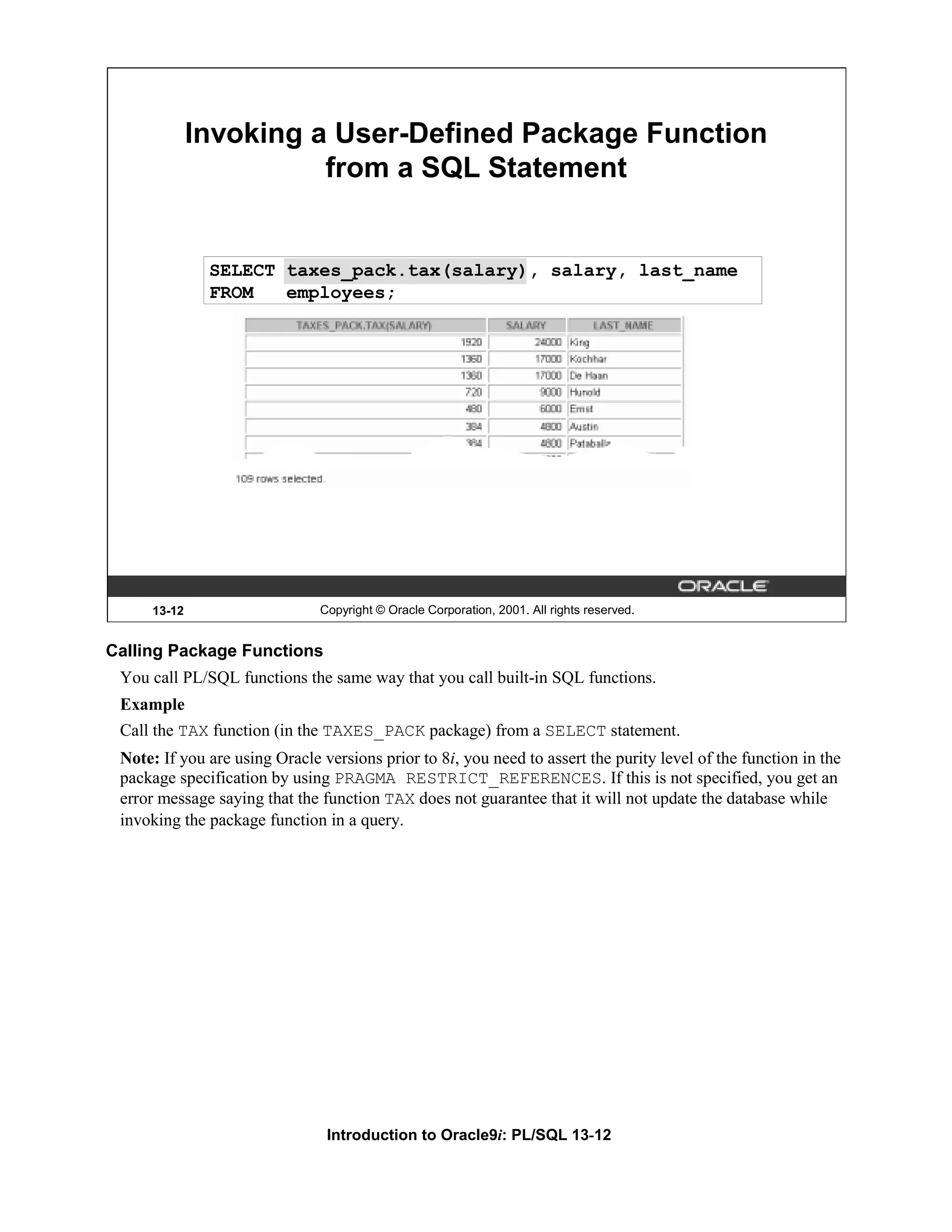 Invoking a User-Defined Package Function from a SQL Statement SELECT taxes_pack.tax(salary), salary, last_name FROM employees; 13-12 Copyright © Oracle Corporation, 2001. All rights reserved. Calling Package Functions You call PL/SQL functions the same way that you call built-in SQL functions. Example Call the TAX function (in the TAXES_PACK package) from a SELECT statement. Note: If you are using Oracle versions prior to 8i, you need to assert the purity level of the function in the package specification by using PRAGMA RESTRICT_REFERENCES. If this is not specified, you get an error message saying that the function TAX does not guarantee that it will not update the database while invoking the package function in a query. Introduction to Oracle9i: PL/SQL 13-12 