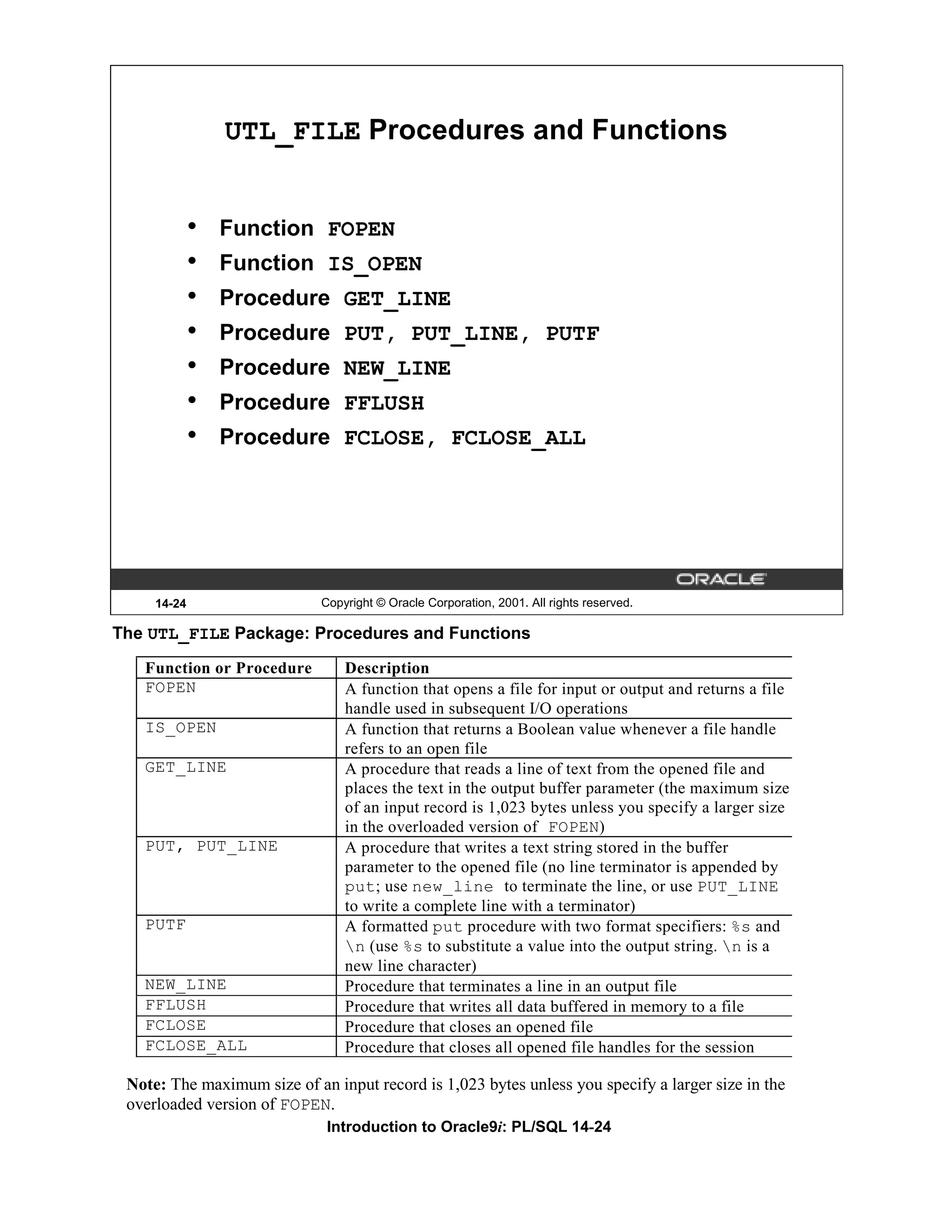 UTL_FILE Procedures and Functions • Function FOPEN • Function IS_OPEN • Procedure GET_LINE • Procedure PUT, PUT_LINE, PUTF • Procedure NEW_LINE • Procedure FFLUSH • Procedure FCLOSE, FCLOSE_ALL 14-24 Copyright © Oracle Corporation, 2001. All rights reserved. The UTL_FILE Package: Procedures and Functions Function or Procedure Description FOPEN A function that opens a file for input or output and returns a file handle used in subsequent I/O operations IS_OPEN A function that returns a Boolean value whenever a file handle refers to an open file GET_LINE A procedure that reads a line of text from the opened file and places the text in the output buffer parameter (the maximum size of an input record is 1,023 bytes unless you specify a larger size in the overloaded version of FOPEN) PUT, PUT_LINE A procedure that writes a text string stored in the buffer parameter to the opened file (no line terminator is appended by put; use new_line to terminate the line, or use PUT_LINE to write a complete line with a terminator) PUTF A formatted put procedure with two format specifiers: %s and n (use %s to substitute a value into the output string. n is a new line character) NEW_LINE Procedure that terminates a line in an output file FFLUSH Procedure that writes all data buffered in memory to a file FCLOSE Procedure that closes an opened file FCLOSE_ALL Procedure that closes all opened file handles for the session Note: The maximum size of an input record is 1,023 bytes unless you specify a larger size in the overloaded version of FOPEN. Introduction to Oracle9i: PL/SQL 14-24 