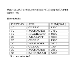 SQL> SELECT deptno,job,sum(sal) FROM emp GROUP BY 
deptno, job; 
The output is: 
 