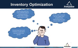 Inventory Optimization
Do you know what the
most profitable balance
is among customer
service levels, budgets,
and inventory cost?
Do you know how much
inventory to hold where
and over which time
period?
Are you able to account
for your supply chain
variability when
determining your time
phased safety stocks?
 
