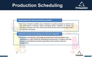 Production Scheduling
• Fast easy simulation enables your schedules to quickly compare scenarios and
key performance indicators before deciding which schedule to release for
execution. Planners can also review both planned and actual production orders
to make their decisions.
Quickly determine the best production schedule
• Production Scheduling is fully integrated with the Oracle E-Business Suite,
enabling you to start quickly by leveraging existing setup. It supports discrete,
process, and lot-based manufacturing without the need for extensive
configuration.
Implement quickly by leveraging out-of-the-box integration
 