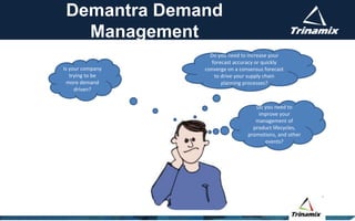 Demantra Demand
Management
Do you need to increase your
forecast accuracy or quickly
converge on a consensus forecast
to drive your supply chain
planning processes?
Do you need to
improve your
management of
product lifecycles,
promotions, and other
events?
Is your company
trying to be
more demand
driven?
 