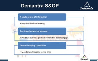 Demantra S&OP
• Improves decision-making
A single source of information
• Validates business plans and identifies potential gaps
Top-down bottom-up planning
• Monitor and respond in real time
Demand shaping capabilities
 