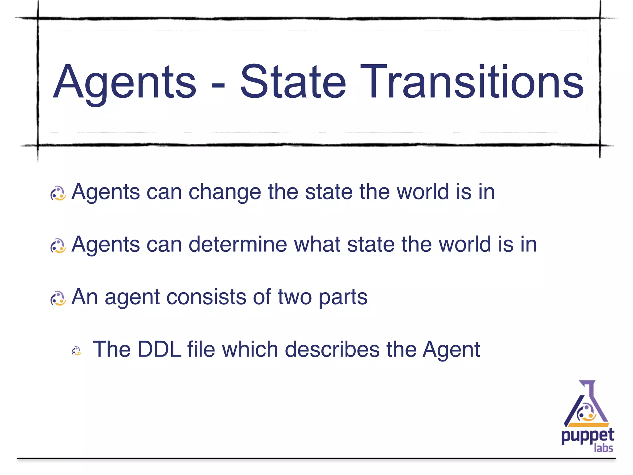 Agents - State Transitions
Agents can change the state the world is in!
Agents can determine what state the world is in !
An agent consists of two parts!
The DDL ﬁle which describes the Agent

 