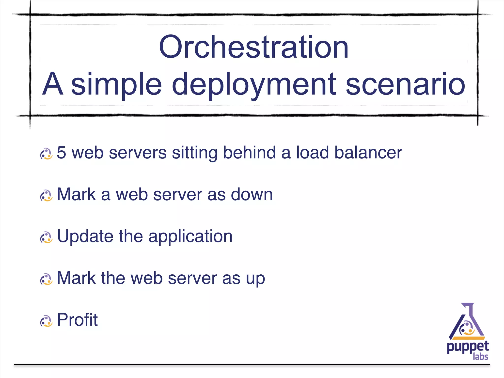 Orchestration
A simple deployment scenario
5 web servers sitting behind a load balancer!
Mark a web server as down!
Update the application!
Mark the web server as up!
Proﬁt

 