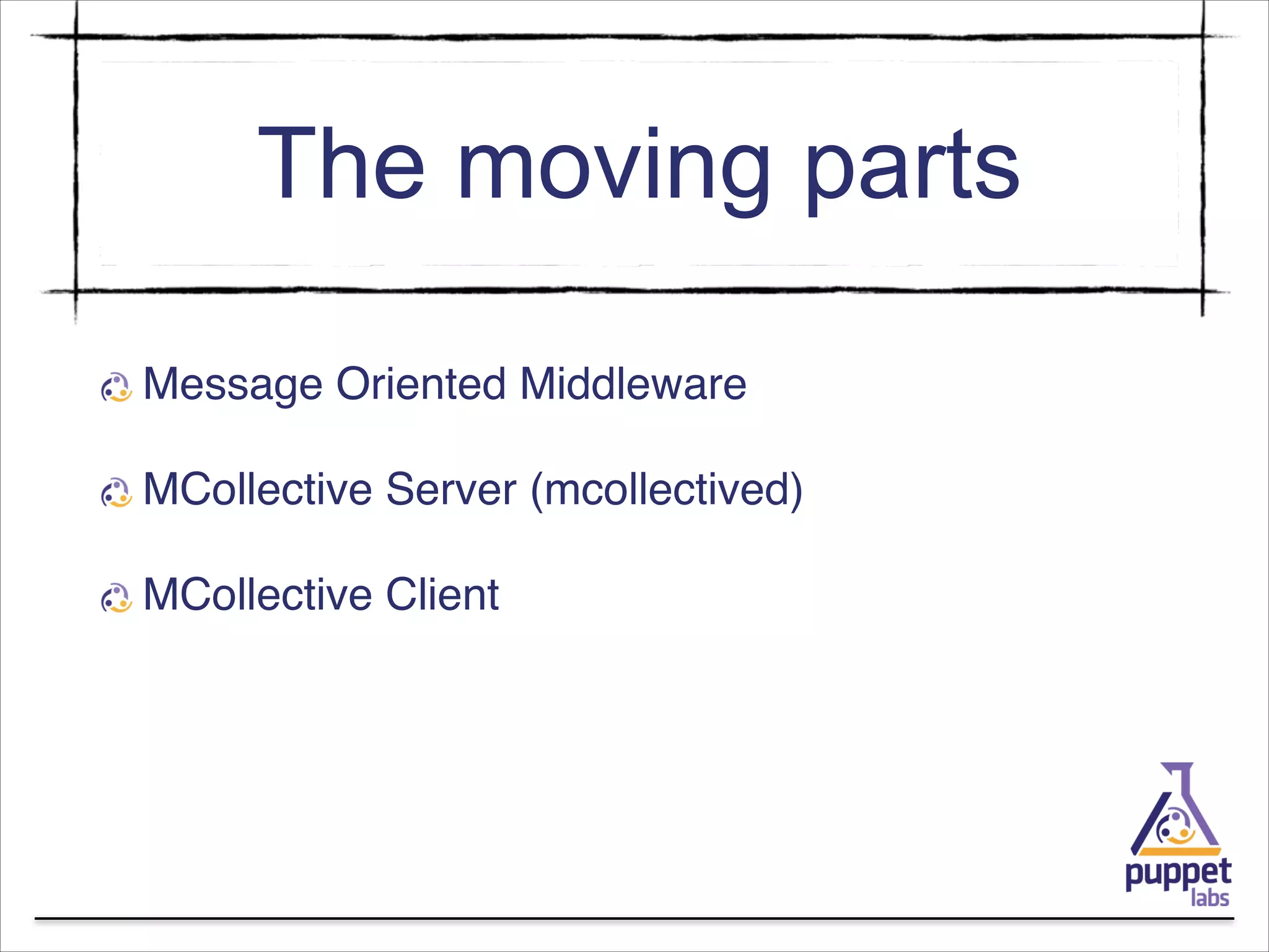 The moving parts
Message Oriented Middleware!
MCollective Server (mcollectived)!
MCollective Client

 