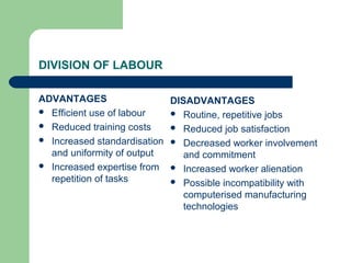 DIVISION OF LABOUR
ADVANTAGES
 Efficient use of labour
 Reduced training costs
 Increased standardisation
and uniformity of output
 Increased expertise from
repetition of tasks
DISADVANTAGES
 Routine, repetitive jobs
 Reduced job satisfaction
 Decreased worker involvement
and commitment
 Increased worker alienation
 Possible incompatibility with
computerised manufacturing
technologies
 