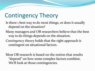 Things We Think Cause These Outcomes (Independent variables)Individual characteristics (personality, demographics, values, attitudes, abilities, perceptions, motivation, learning, decision-making)Group characteristics (group decision-making, leadership, power and politics, communication, conflict, group structure and norms)Organizational characteristics (culture, structure, design)