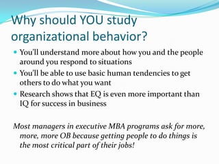 Contingency TheoryIs there 1 best way to do most things, or does it usually depend on the situation? Many managers and OB researchers believe that the best way to do things depends on the situation.Contingency theory holds that the right approach is contingent on situational factors.Most OB research is based on the notion that results “depend” on how some complex factors combine.  We’ll look at those contingencies.