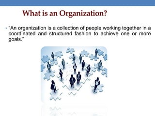 What is an Organization?
• “An organization is a collection of people working together in a
coordinated and structured fashion to achieve one or more
goals.”
 