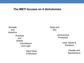 Flexible and
Spontaneous
Sociable
and
Assertive
Quiet and
Shy
Unconscious
Processes
Uses Values &
Emotions
Practical
and
Orderly
Use Reason
and Logic
Want Order
& Structure
The MBTI focuses on 4 dichotomies
 