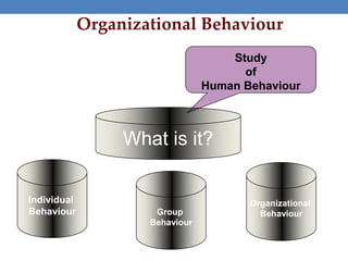 Organizational Behaviour
What is it?
Study
of
Human Behaviour
Group
Behaviour
Organizational
Behaviour
Individual
Behaviour
 