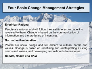 Four Basic Change Management Strategies

Empirical-Rational
People are rational and will follow their self-interest — once...