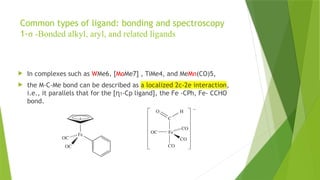 Common types of ligand: bonding and spectroscopy
1-σ -Bonded alkyl, aryl, and related ligands
 In complexes such as WMe6, [MoMe7] , TiMe4, and MeMn(CO)5,
 the M-C-Me bond can be described as a localized 2c-2e interaction,
i.e., it parallels that for the [ղ1-Cp ligand], the Fe -CPh, Fe- CCHO
bond.
 
