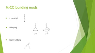 M-CO bonding mods
 1- terminal
 2-bridging
 3-semi-bridging
 