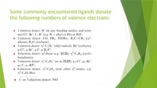 Some commonly encountered ligands donate
the following numbers of valence electrons:
 
