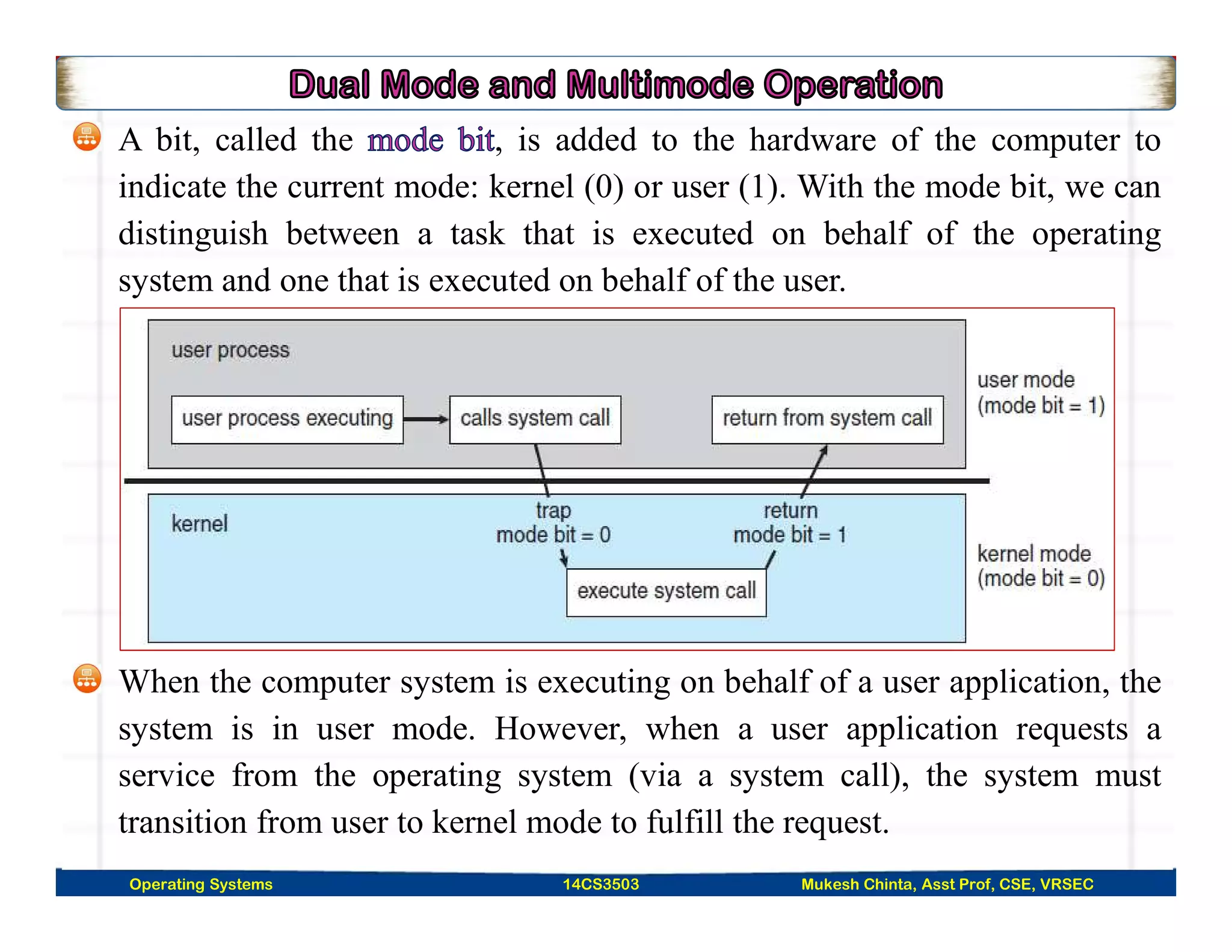 A bit, called the , is added to the hardware of the computer to
indicate the current mode: kernel (0) or user (1). With the mode bit, we can
distinguish between a task that is executed on behalf of the operating
system and one that is executed on behalf of the user.
When the computer system is executing on behalf of a user application, the
system is in user mode. However, when a user application requests a
service from the operating system (via a system call), the system must
transition from user to kernel mode to fulfill the request.
Operating Systems 14CS3503 Mukesh Chinta, Asst Prof, CSE, VRSEC
 