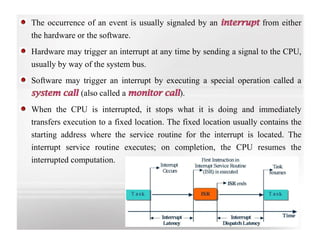 The occurrence of an event is usually signaled by an from either
the hardware or the software.
Hardware may trigger an interrupt at any time by sending a signal to the CPU,
usually by way of the system bus.
Software may trigger an interrupt by executing a special operation called a
(also called a ).
When the CPU is interrupted, it stops what it is doing and immediately
transfers execution to a fixed location. The fixed location usually contains the
starting address where the service routine for the interrupt is located. The
interrupt service routine executes; on completion, the CPU resumes the
interrupted computation.
 