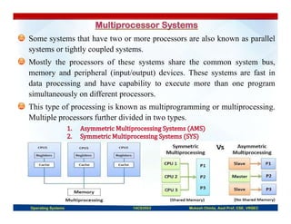 Some systems that have two or more processors are also known as parallel
systems or tightly coupled systems.
Mostly the processors of these systems share the common system bus,
memory and peripheral (input/output) devices. These systems are fast in
data processing and have capability to execute more than one program
simultaneously on different processors.
This type of processing is known as multiprogramming or multiprocessing.
Multiple processors further divided in two types.
Operating Systems 14CS3503 Mukesh Chinta, Asst Prof, CSE, VRSEC
 