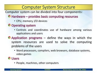 Computer System Structure
Computer system can be divided into four components:
• CPU, memory, I/O devices
• Controls and coordinates use of hardware among various
applications and users
– define the ways in which the
system resources are used to solve the computing
problems of the users
• Word processors, compilers, web browsers, database systems,
video games
• People, machines, other computers
Operating Systems 14CS3503 Mukesh Chinta, Asst Prof, CSE, VRSEC
 