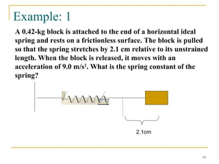 10
Example: 1
A 0.42-kg block is attached to the end of a horizontal ideal
spring and rests on a frictionless surface. The block is pulled
so that the spring stretches by 2.1 cm relative to its unstrained
length. When the block is released, it moves with an
acceleration of 9.0 m/s2
. What is the spring constant of the
spring?
2.1cm
 