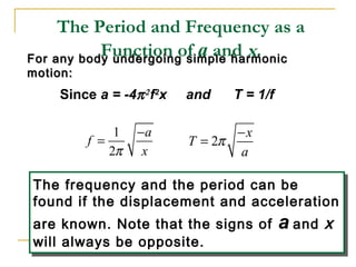 The Period and Frequency as a
Function of a and x.For any body undergoing simple harmonicFor any body undergoing simple harmonic
motion:motion:
Since a = -4π2
f2
x and T = 1/f
1
2
a
f
xπ
−
= 2
x
T
a
π
−
=
The frequency and the period can be
found if the displacement and acceleration
are known. Note that the signs of a and x
will always be opposite.
The frequency and the period can be
found if the displacement and acceleration
are known. Note that the signs of a and x
will always be opposite.
 