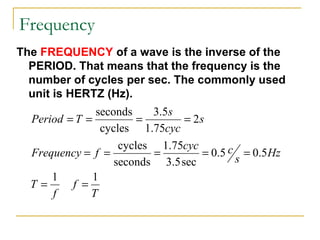 Frequency
The FREQUENCY of a wave is the inverse of the
PERIOD. That means that the frequency is the
number of cycles per sec. The commonly used
unit is HERTZ (Hz).
T
f
f
T
Hz
s
ccyc
fFrequency
s
cyc
s
TPeriod
11
5.05.0
sec5.3
75.1
seconds
cycles
2
75.1
5.3
cycles
seconds
==
=====
====
 