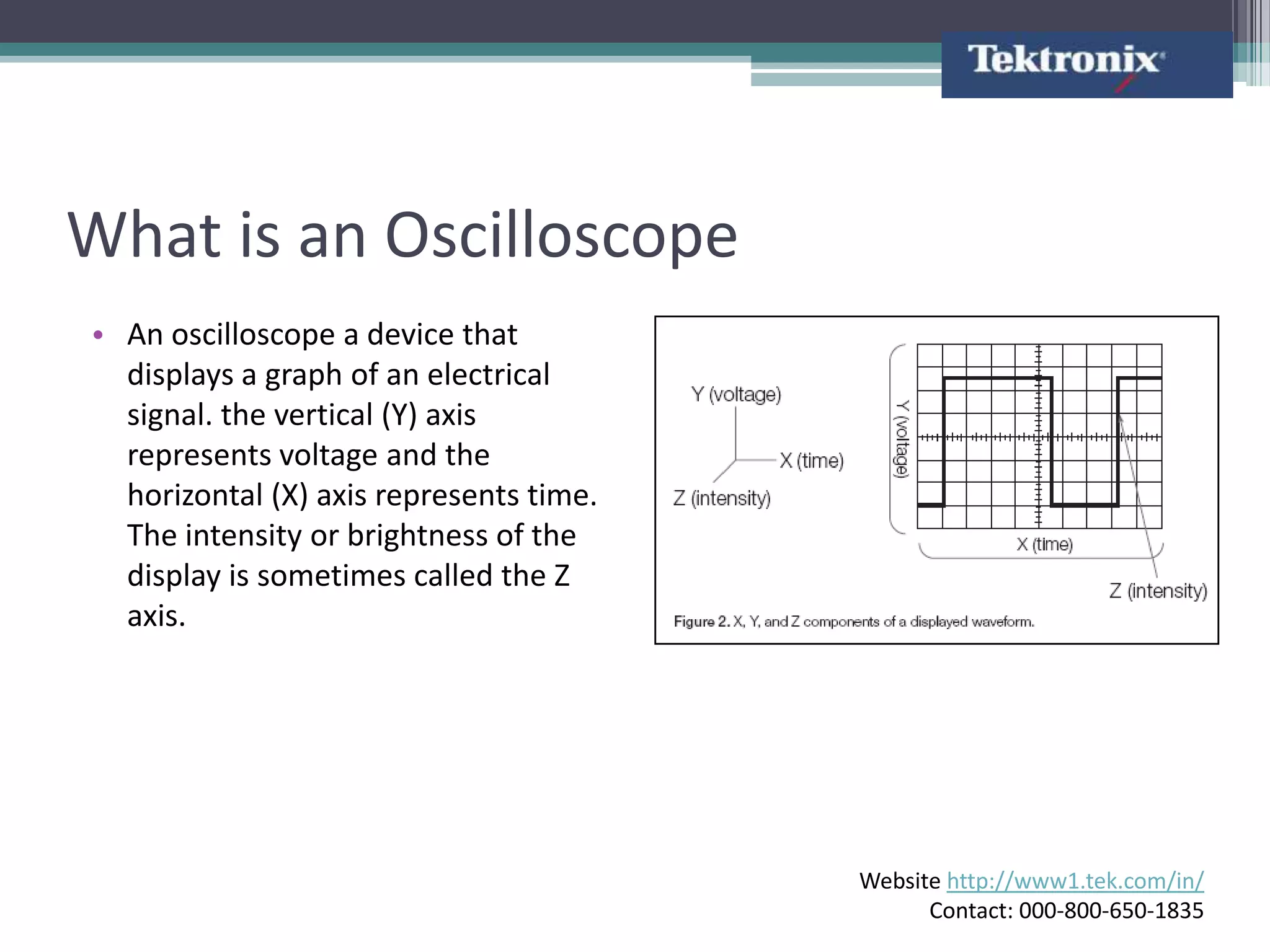 What is an Oscilloscope
• An oscilloscope a device that
  displays a graph of an electrical
  signal. the vertical (Y) axis
  represents voltage and the
  horizontal (X) axis represents time.
  The intensity or brightness of the
  display is sometimes called the Z
  axis.




                                         Website http://www1.tek.com/in/
                                               Contact: 000-800-650-1835
 