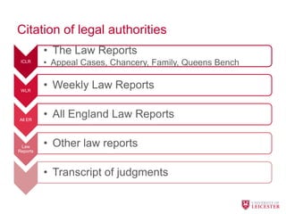 Citation of legal authorities
ICLR
• The Law Reports
• Appeal Cases, Chancery, Family, Queens Bench
WLR
• Weekly Law Reports
All ER
• All England Law Reports
Law
Reports
• Other law reports
• Transcript of judgments
 