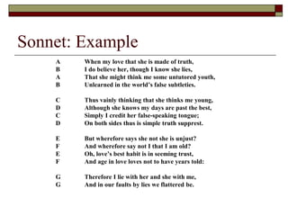 Sonnet: Example
A When my love that she is made of truth,
B I do believe her, though I know she lies,
A That she might think me some untutored youth,
B Unlearned in the world’s false subtleties.
C Thus vainly thinking that she thinks me young,
D Although she knows my days are past the best,
C Simply I credit her false-speaking tongue;
D On both sides thus is simple truth supprest.
E But wherefore says she not she is unjust?
F And wherefore say not I that I am old?
E Oh, love’s best habit is in seeming trust,
F And age in love loves not to have years told:
G Therefore I lie with her and she with me,
G And in our faults by lies we flattered be.
 