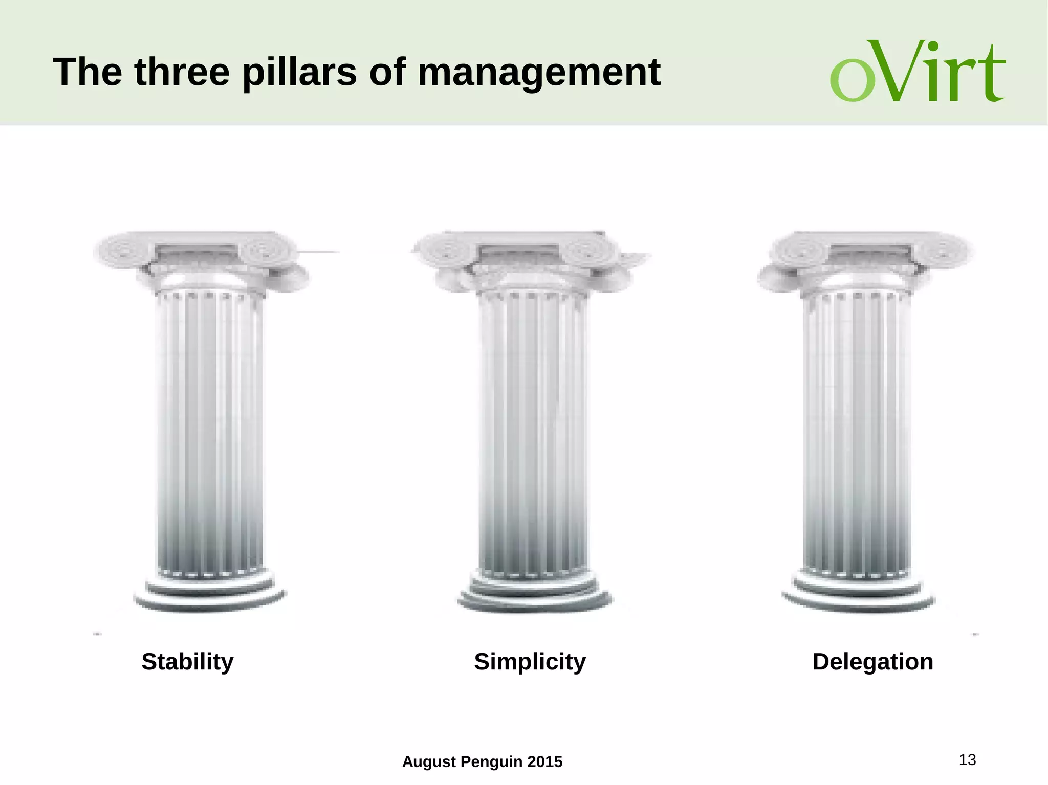 August Penguin 2015 13
The three pillars of management
Stability DelegationSimplicity
 