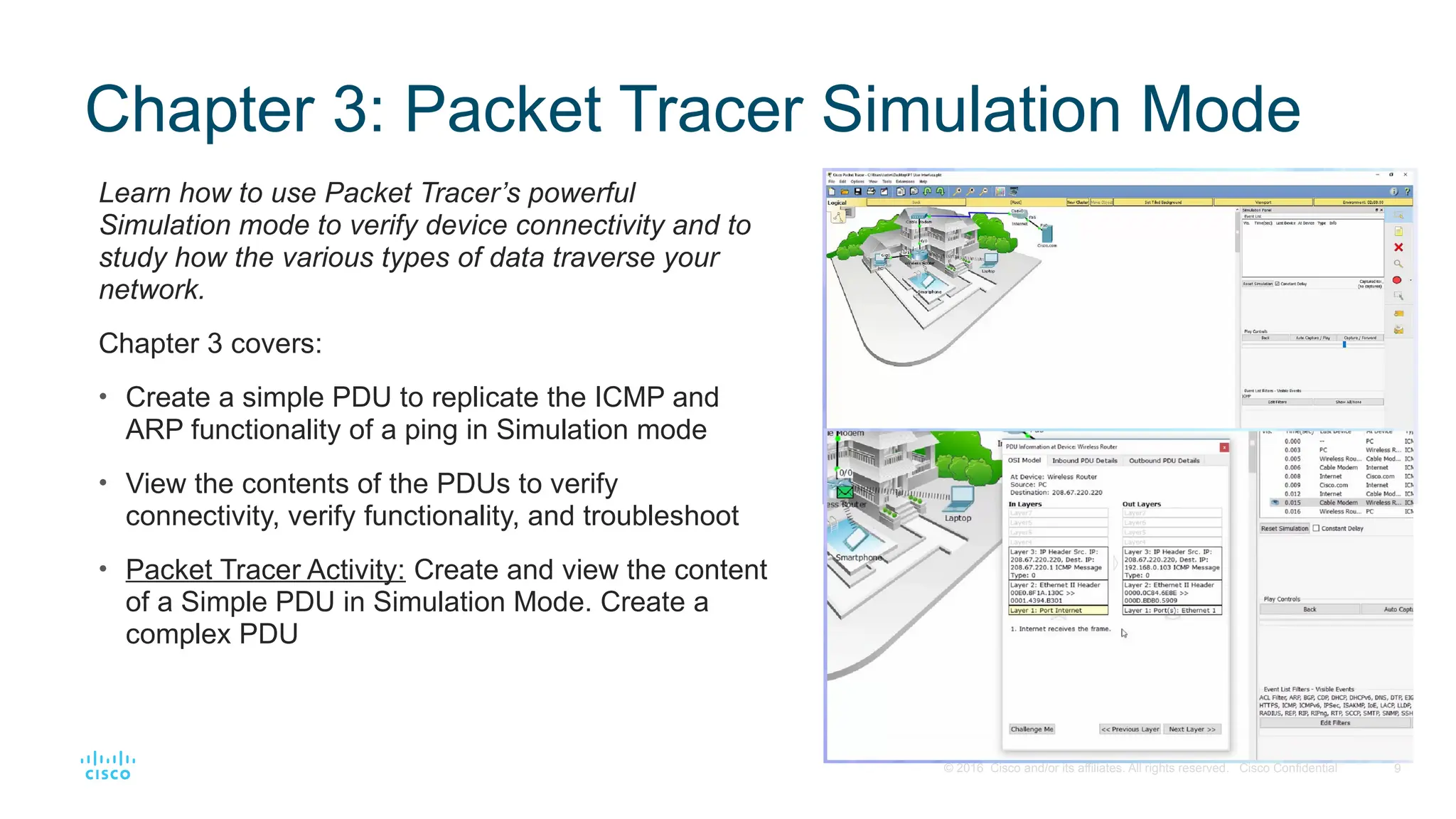 9
© 2016 Cisco and/or its affiliates. All rights reserved. Cisco Confidential
Chapter 3: Packet Tracer Simulation Mode
Learn how to use Packet Tracer’s powerful
Simulation mode to verify device connectivity and to
study how the various types of data traverse your
network.
Chapter 3 covers:
• Create a simple PDU to replicate the ICMP and
ARP functionality of a ping in Simulation mode
• View the contents of the PDUs to verify
connectivity, verify functionality, and troubleshoot
• Packet Tracer Activity: Create and view the content
of a Simple PDU in Simulation Mode. Create a
complex PDU
 