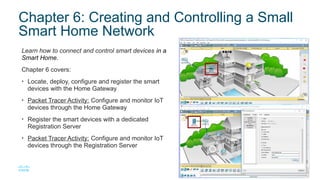 12
© 2016 Cisco and/or its affiliates. All rights reserved. Cisco Confidential
Chapter 6: Creating and Controlling a Small
Smart Home Network
Learn how to connect and control smart devices in a
Smart Home.
Chapter 6 covers:
• Locate, deploy, configure and register the smart
devices with the Home Gateway
• Packet Tracer Activity: Configure and monitor IoT
devices through the Home Gateway
• Register the smart devices with a dedicated
Registration Server
• Packet Tracer Activity: Configure and monitor IoT
devices through the Registration Server
 