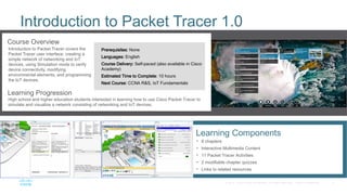 3
© 2016 Cisco and/or its affiliates. All rights reserved. Cisco Confidential
Introduction to Packet Tracer 1.0
Course Overview
Introduction to Packet Tracer covers the
Packet Tracer user interface, creating a
simple network of networking and IoT
devices, using Simulation mode to verify
device connectivity, modifying
environmental elements, and programming
the IoT devices.
Learning Progression
High school and higher education students interested in learning how to use Cisco Packet Tracer to
simulate and visualize a network consisting of networking and IoT devices.
Prerequisites: None
Languages: English
Course Delivery: Self-paced (also available in Cisco
Academy)
Estimated Time to Complete: 10 hours
Next Course: CCNA R&S, IoT Fundamentals
Learning Components
• 8 chapters
• Interactive Multimedia Content
• 11 Packet Tracer Activities
• 2 modifiable chapter quizzes
• Links to related resources
 