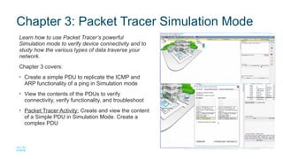9
© 2016 Cisco and/or its affiliates. All rights reserved. Cisco Confidential
Chapter 3: Packet Tracer Simulation Mode
Learn how to use Packet Tracer’s powerful
Simulation mode to verify device connectivity and to
study how the various types of data traverse your
network.
Chapter 3 covers:
• Create a simple PDU to replicate the ICMP and
ARP functionality of a ping in Simulation mode
• View the contents of the PDUs to verify
connectivity, verify functionality, and troubleshoot
• Packet Tracer Activity: Create and view the content
of a Simple PDU in Simulation Mode. Create a
complex PDU
 
