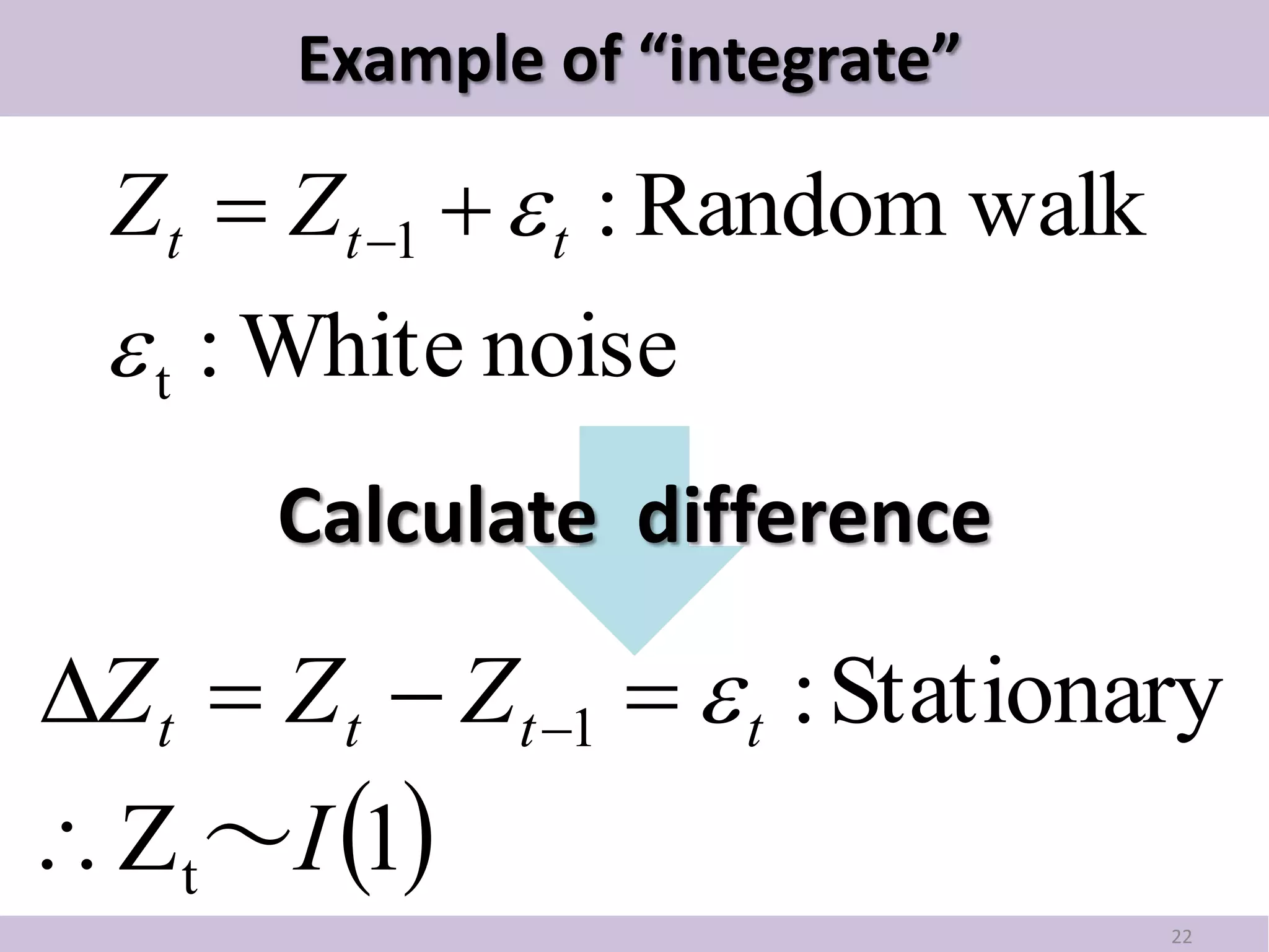 Example of “integrate”

  Z t  Z t 1   t : Random walk
   t : White noise
       Calculate difference

Z t  Z t  Z t 1   t : Stationary
 Z t～I 1
                                     22
 