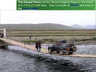 The Deosai Plains are the Second-Highest Plains in the World
at 4,115 m (13,500 feet).. They Lie South of Skardu and East of
the Astore Valley.
 