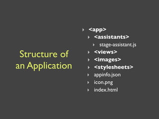 ‣ <app>
                   ‣ <assistants>
                     ‣ stage-assistant.js
 Structure of      ‣ <views>
                   ‣ <images>
an Application     ‣ <stylesheets>
                   ‣ appinfo.json
                   ‣ icon.png
                   ‣ index.html
 