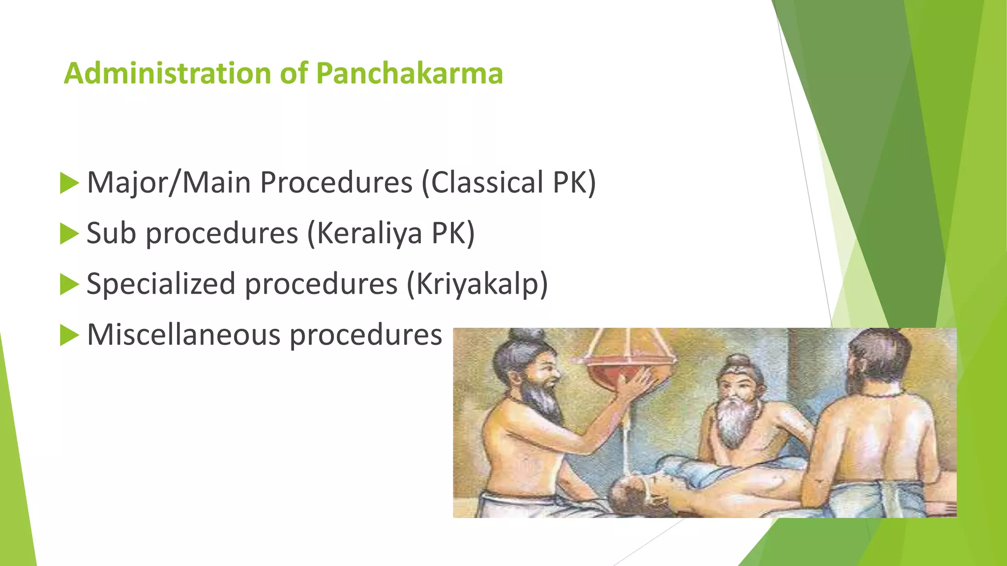 Administration of Panchakarma
 Major/Main Procedures (Classical PK)
 Sub procedures (Keraliya PK)
 Specialized procedures (Kriyakalp)
 Miscellaneous procedures
 
