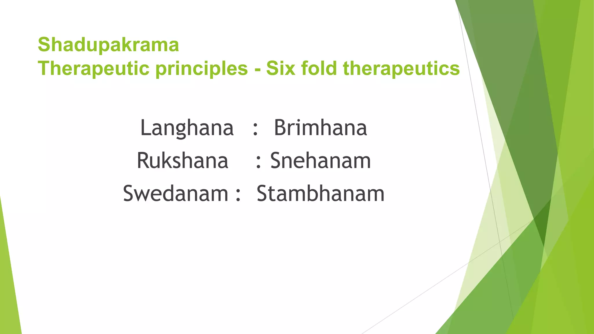 Shadupakrama
Therapeutic principles - Six fold therapeutics
Langhana : Brimhana
Rukshana : Snehanam
Swedanam : Stambhanam
 
