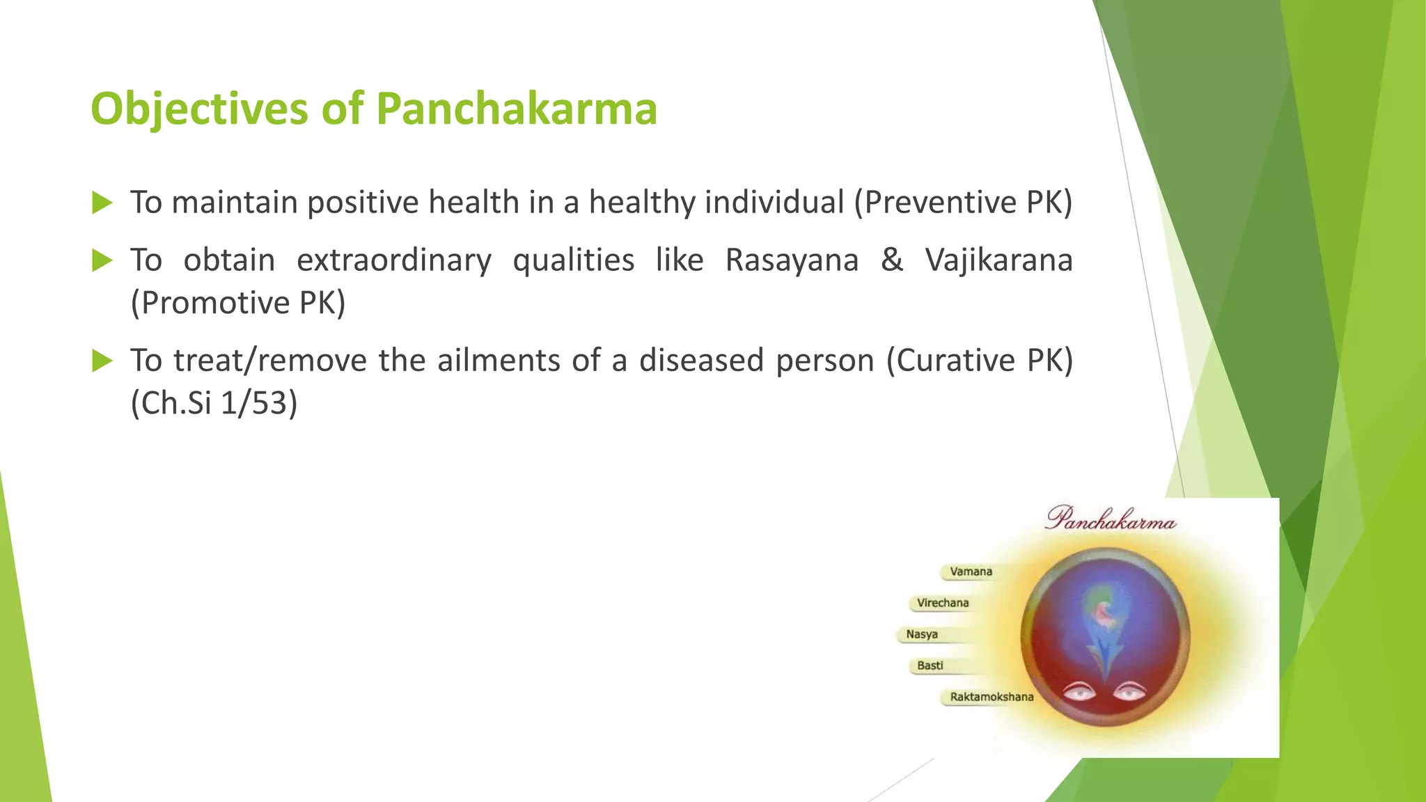 Objectives of Panchakarma
 To maintain positive health in a healthy individual (Preventive PK)
 To obtain extraordinary qualities like Rasayana & Vajikarana
(Promotive PK)
 To treat/remove the ailments of a diseased person (Curative PK)
(Ch.Si 1/53)
 