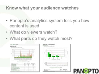 Know what your audience watches

• Panopto’s analytics system tells you how
  content is used
• What do viewers watch?
• What parts do they watch most?
 