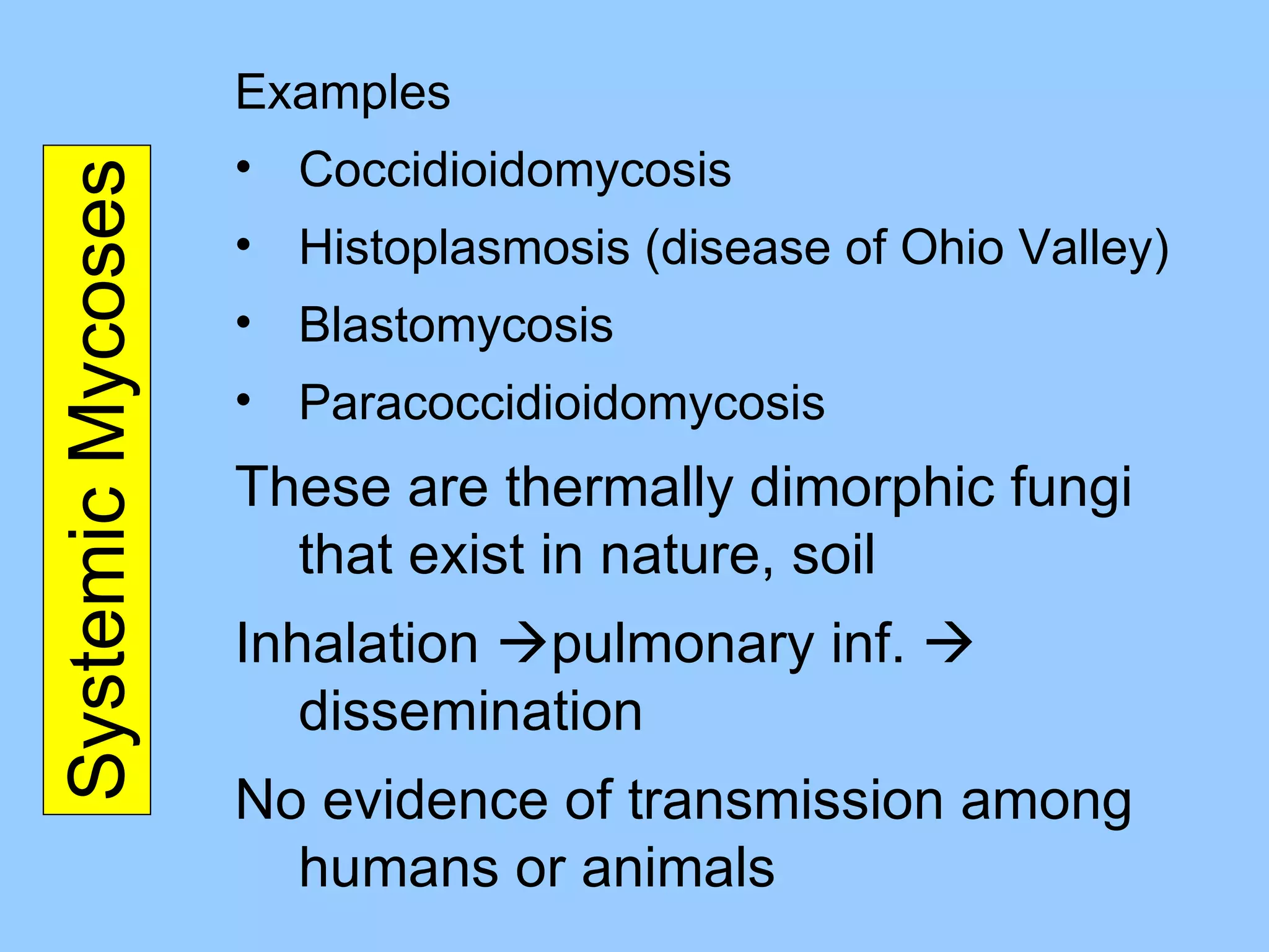 Systemic Mycoses Examples Coccidioidomycosis Histoplasmosis (disease of Ohio Valley) Blastomycosis Paracoccidioidomycosis These are thermally dimorphic fungi that exist in nature, soil Inhalation   pulmonary inf.    dissemination No evidence of transmission among humans or animals 