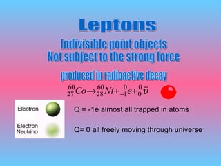 Leptons Indivisible point objects Not subject to the strong force produced in radioactive decay Q = -1e almost all trapped in atoms Q= 0 all freely moving through universe _ 