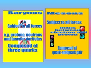 Baryons Mesons Subject to all forces mass  between electron and  proton e.g. protons, neutrons  and heavier particles Composed of  three quarks Composed of  quark-antiquark pair Subject to all forces 