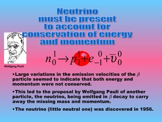 Neutrino must be present  to account for  conservation of energy and momentum Large variations in the emission velocities of the    particle seemed to indicate that both energy and momentum were not conserved. This led to the proposal by Wolfgang Pauli of another particle, the neutrino, being emitted in    decay to carry away the missing mass and momentum. The neutrino (little neutral one) was discovered in 1956. Wolfgang Pauli __ 
