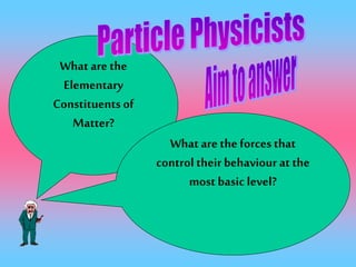 What are the
Elementary
Constituents of
Matter?
What are the forces that
control their behaviour at the
most basic level?
 